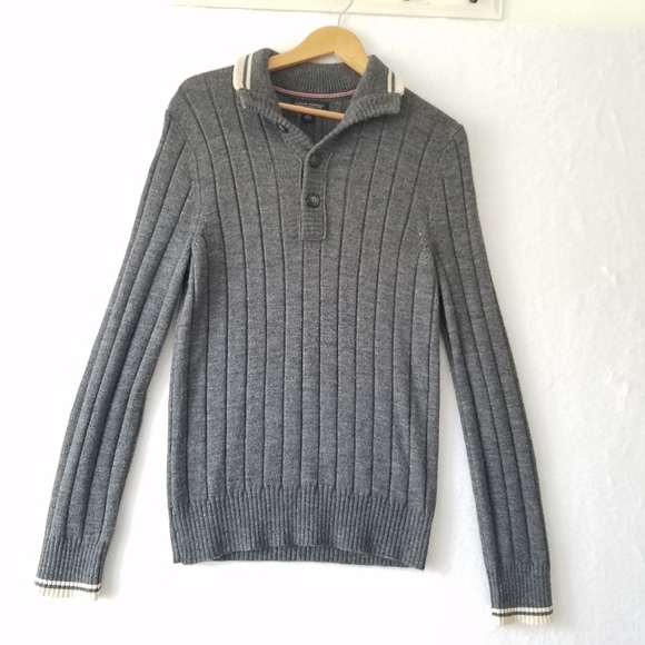 Banana Republic Wool Alpaca Blend Rib Knit Grey Polo Pull-over Sweater M - Picture 1 of 13